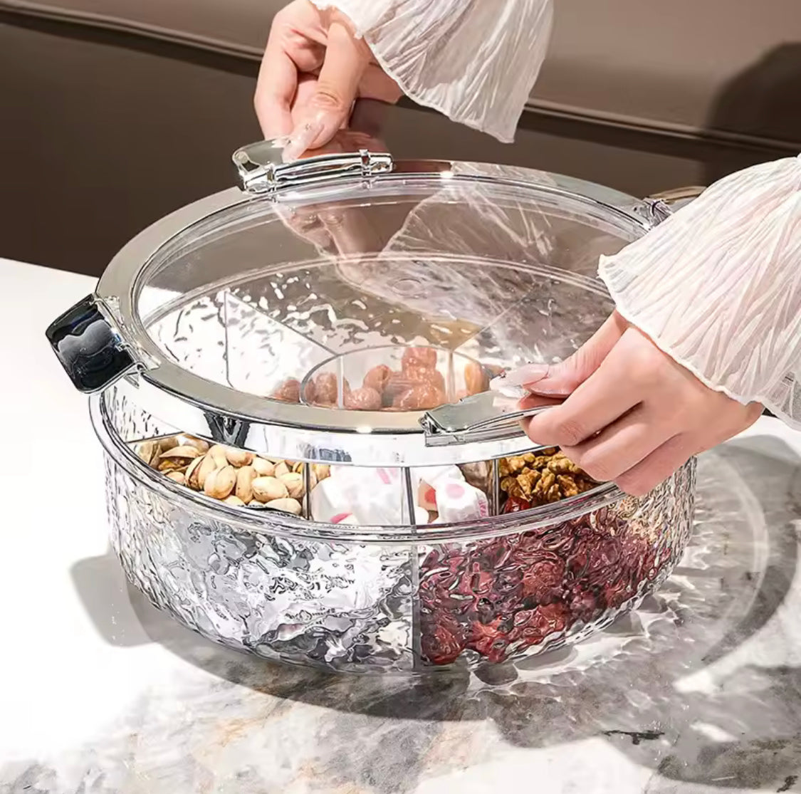 Luxury Sealed Snack Tray With Cover, Five Grid Multi Compartment Dry Fruit Tray, Round Snack Box With Lid, Rotating Serving Tray Luxury Sealed Snack Tray With Cover, Five Grid Multi Compartment Dry Fruit Tray, Round Snack Box With Lid, Rotating Serving Tray